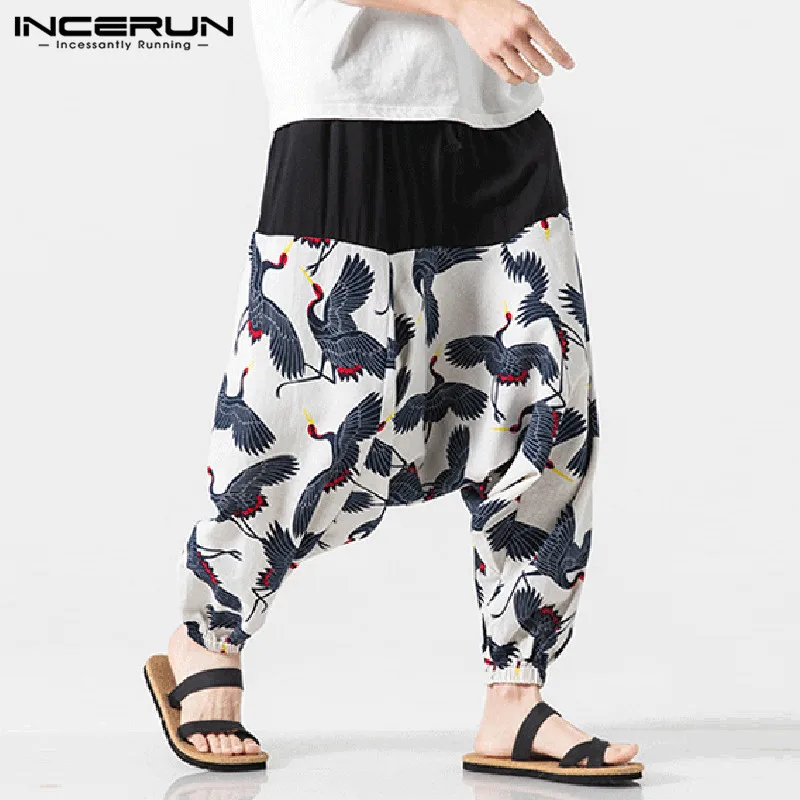 INCERUN Men Harem Pants Print Elastic Waist Drop Crotch Pants Joggers Hip-hop Retro Chinese Style Loose Cotton Trousers Men