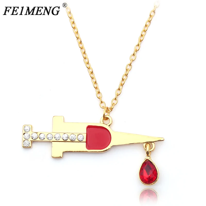 

Gold Color Medical Syringe Necklace The Enamel and Crystal Pendant Necklaces For Womens Doctor Medical Student Fashion Jewelry