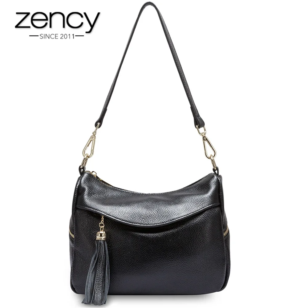 

Zency Fashion Women Shoulder Bag With Tassel 100% Genuine Leather Handbag Black Lady Crossbody Messenger Purse Casual Tote