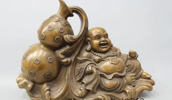 

12" Chinese Buddhism Bronze Happy Laugh Maitreya Buddha calabash Yuan Bao Statue