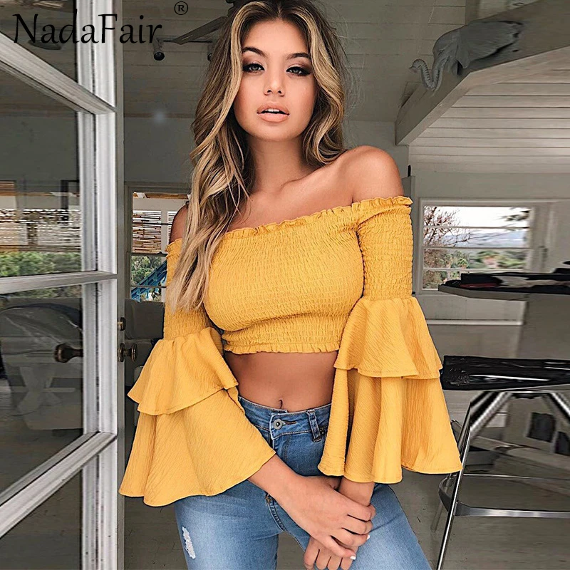 

Nadafair Off Shoulder Ruffles Sleeve Wrap Summer Blouse Women Slash Neck Crop Tops