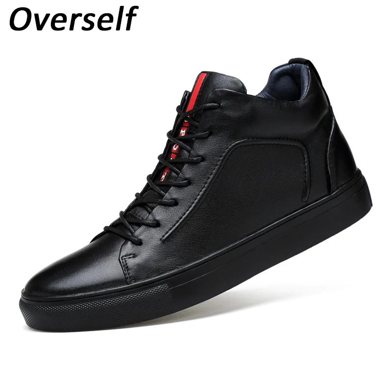 

New fashion men flats soft genuine leather casual shoes winter mens flat black high top lace up shoe plus big size high quality
