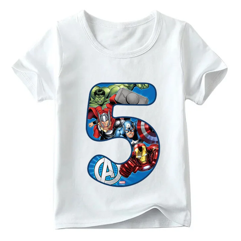 Футболка для мальчиков и девочек с принтом «Человек-паук», «мстители», с буквенным принтом и бантом, Детская футболка с героями мультфильмов, детская одежда для дня рождения с цифрами 1-9, HKP2429