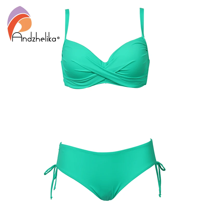 Andzhelika 2018 Plus Size Bikini Set Solid Swimsuit Halter Bikini Summer Beach Wear Cross Straps Swimwear Mid Waist Bathing Suit
