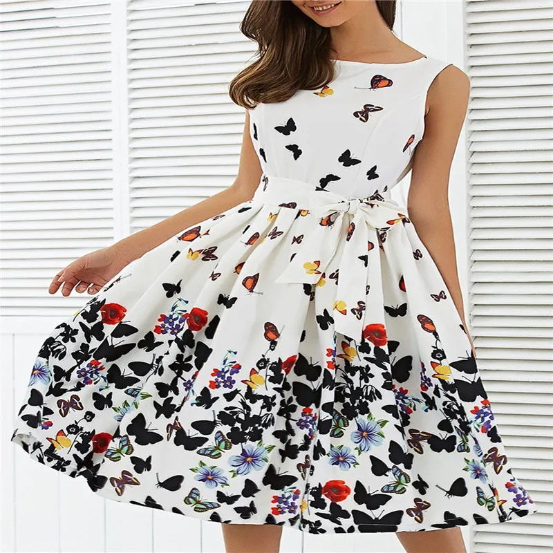 

Sweet Women Swing Dresses Butterfly Print Pinup Prairie Chic Sleeveless High Waist Pleated Party Dress Plus size