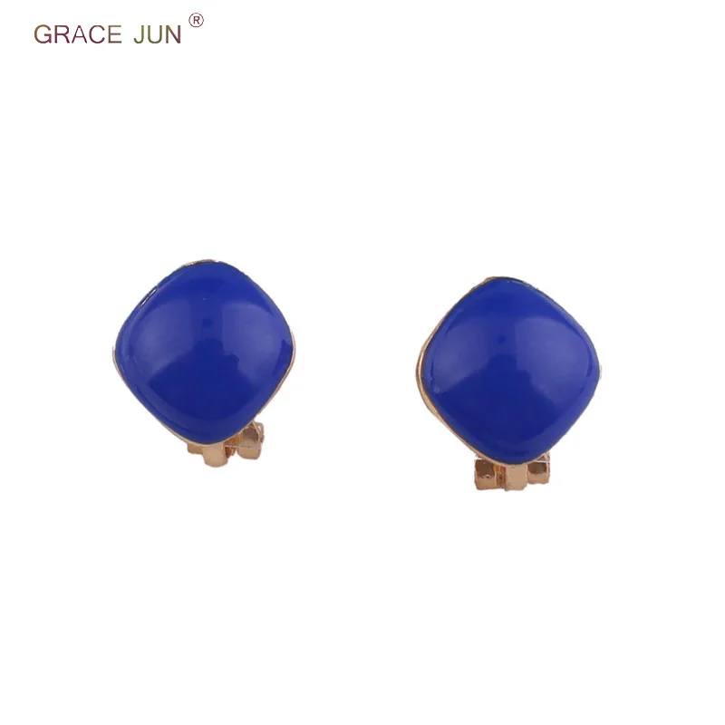 

GRACE JUN Korea Style Cute Fashion Small Square Enamel Clip on Earrings Without Piercing for Women Charm Ear Clip Not Allergy