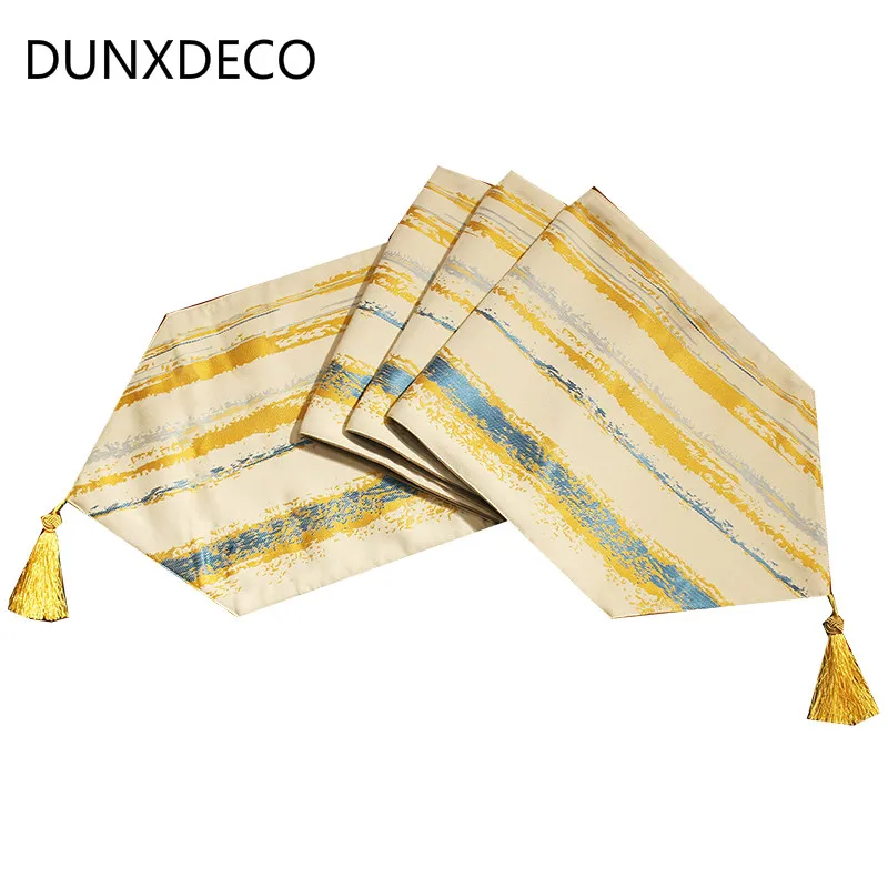 

DUNXDECO Table Runner Golden Blue Jacquard Long Table Cover Fabric Modern Home Table Desk Party Decoration