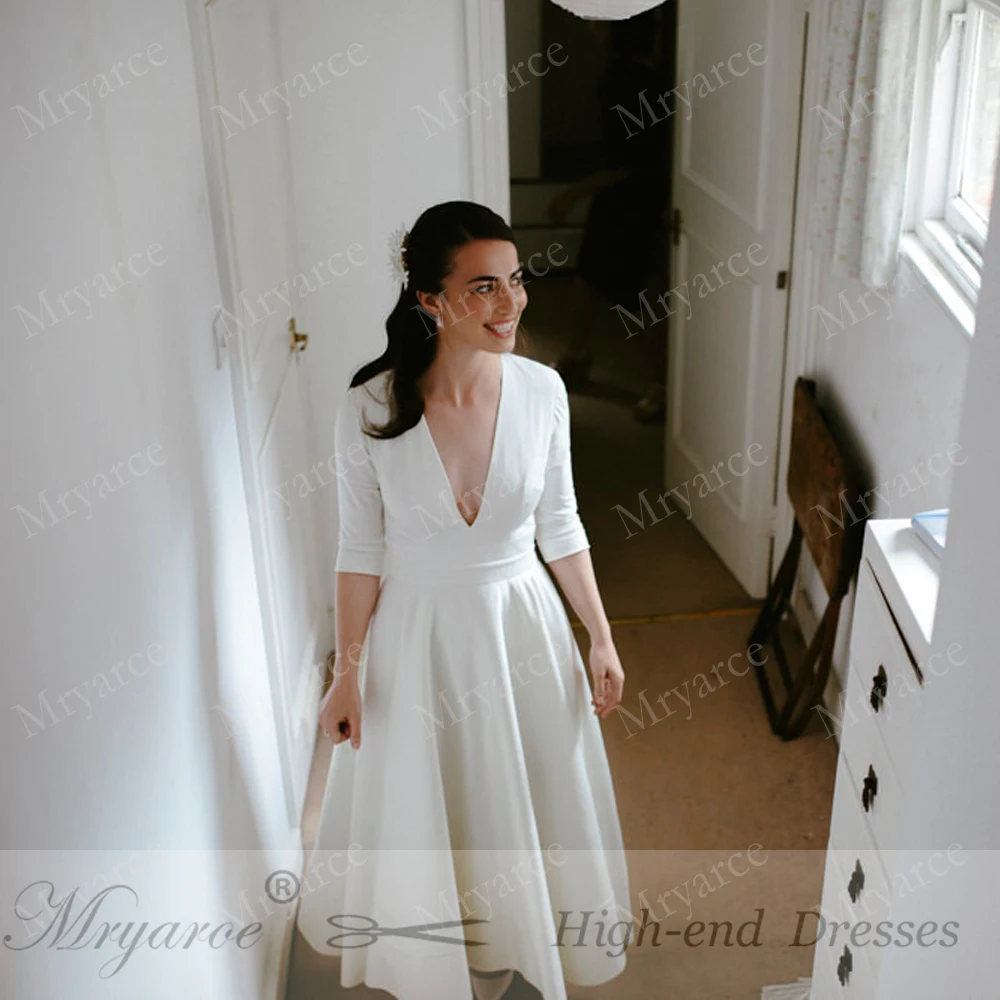 Mryarce Simple Elegant Short Wedding Dress Plunging V Neck Crepe Tea Length Dresses With Pockets Manivet Bridal Gowns (2)