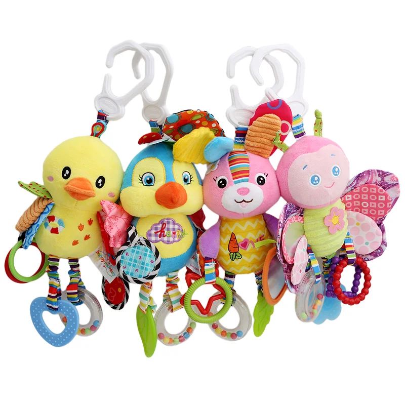 Детские погремушки с животными, игрушки для детей, Мягкая бабочка/Птица/кролик/Утенок плюшевая игрушка, прорезыватель со звуками, детская