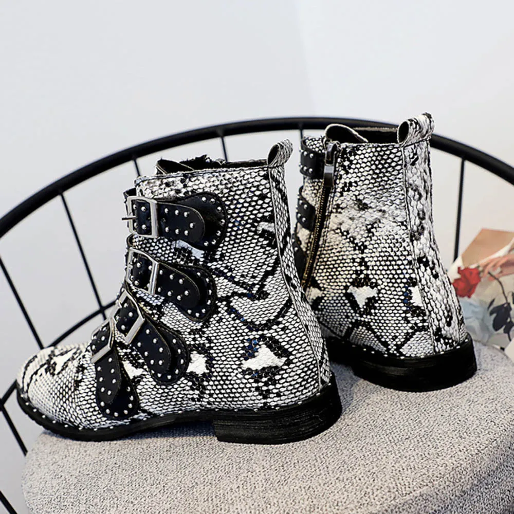 Женская обувь; водонепроницаемые ботинки; женская обувь из змеиной кожи с принтом и пряжкой; стильные женские зимние Ботинки Martin в байкерском стиле; botas nieve mujer