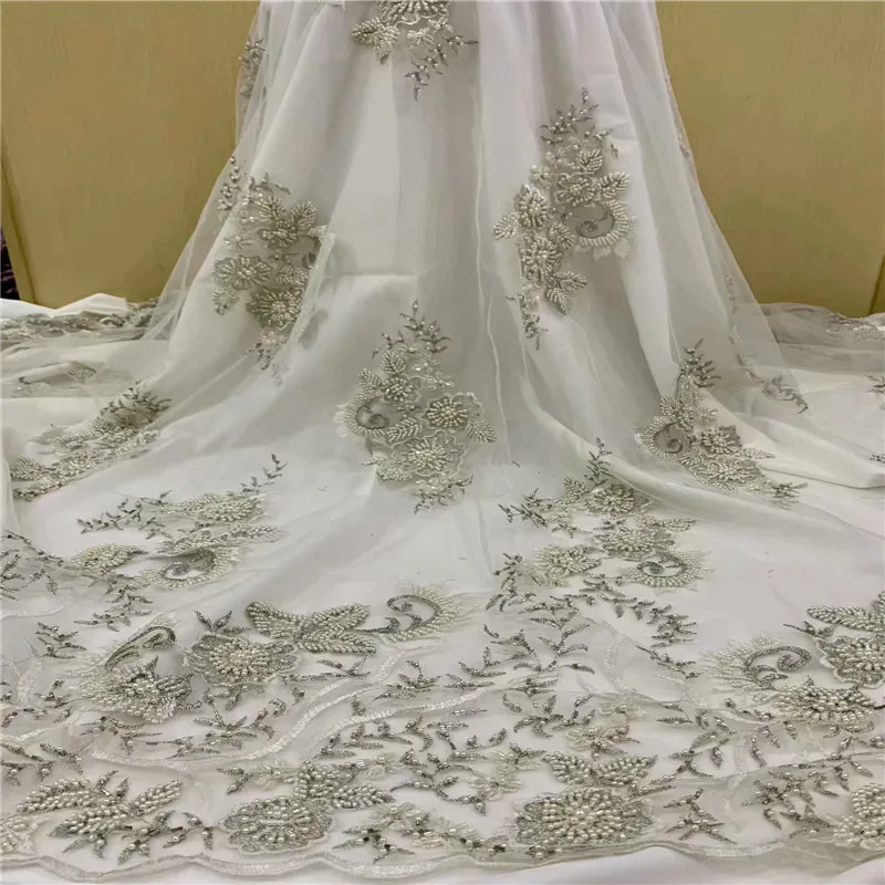 

White Color High Quality Handmade Beaded Lace Fabric, 3D Pearls Lace Fabric Applique Tulle Net Lace Materials For Party H1451
