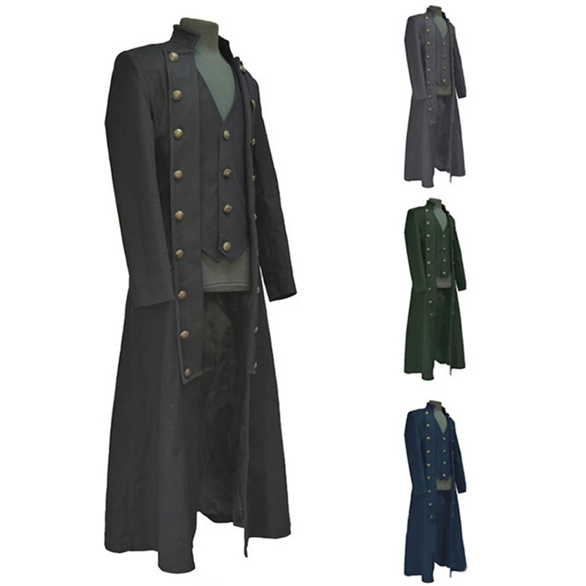Средневековая одежда, чистый цвет, с длинными рукавами, три ряда пуговиц, мужская куртка, Ретро стиль, перекрестный ремень, получил Топ, Мужской плащ, куртка