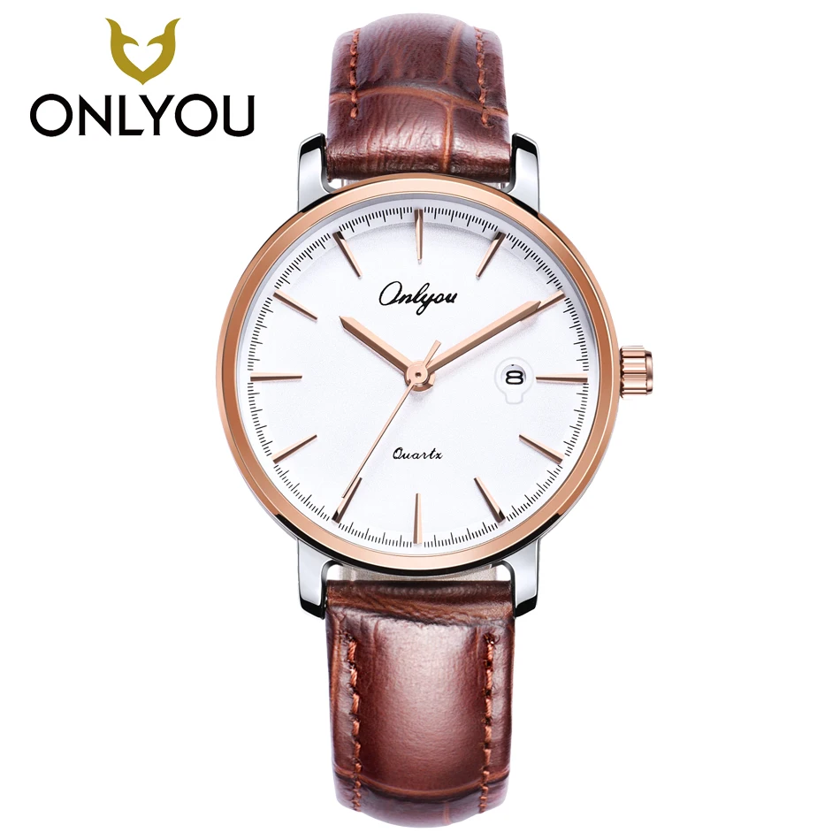 

ONLYOU Top Brand Fashion Ladies Watches Rosegold Real Leather Strap Female Quartz Wristwatch Elegant Women Casual Clock Unique