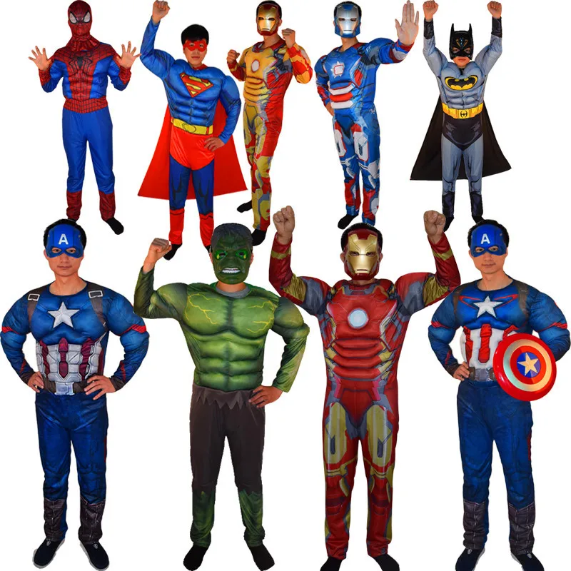 

Adult MAN SuperHero Spiderman Batman Superman American Captain Hulk Thor iron Man Muscle Costume+Mask for Halloween Party Show