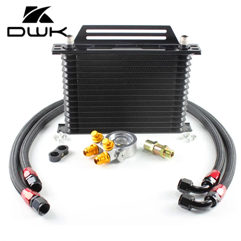

Universal 15 Row AN10 15Rows Oil Cooler Kits with GREX style thermostat open from 70-85deg Filter Adapter and bracket