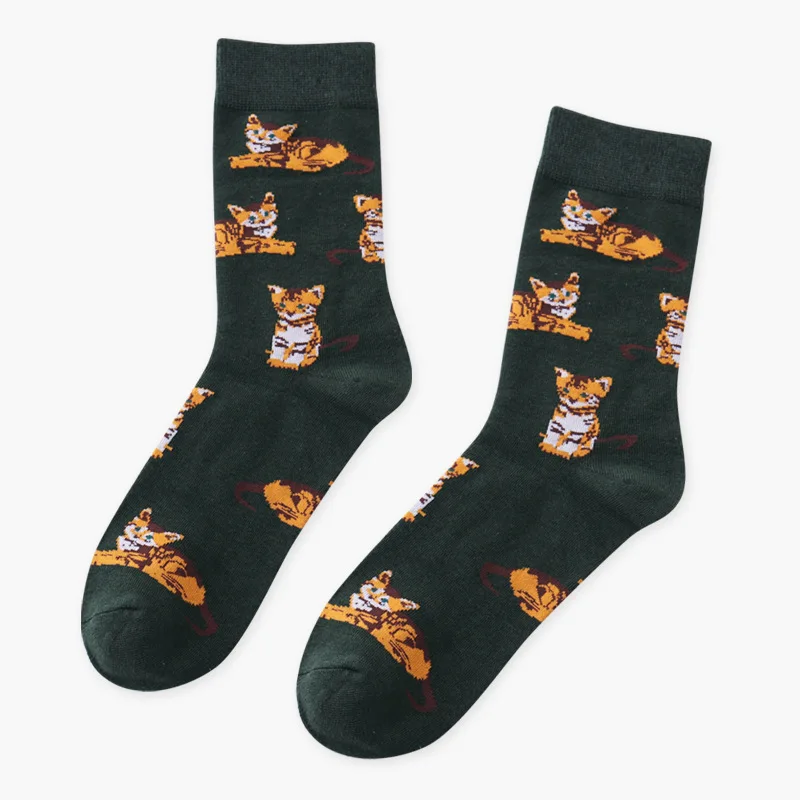 Короткие носки Teckel shaba Inu, тигровый Бигль, женские милые носки с изображением свинки, собаки, быка, удобные носки, Хлопковые женские Носки с рисунком животных - Цвет: Dark green cat