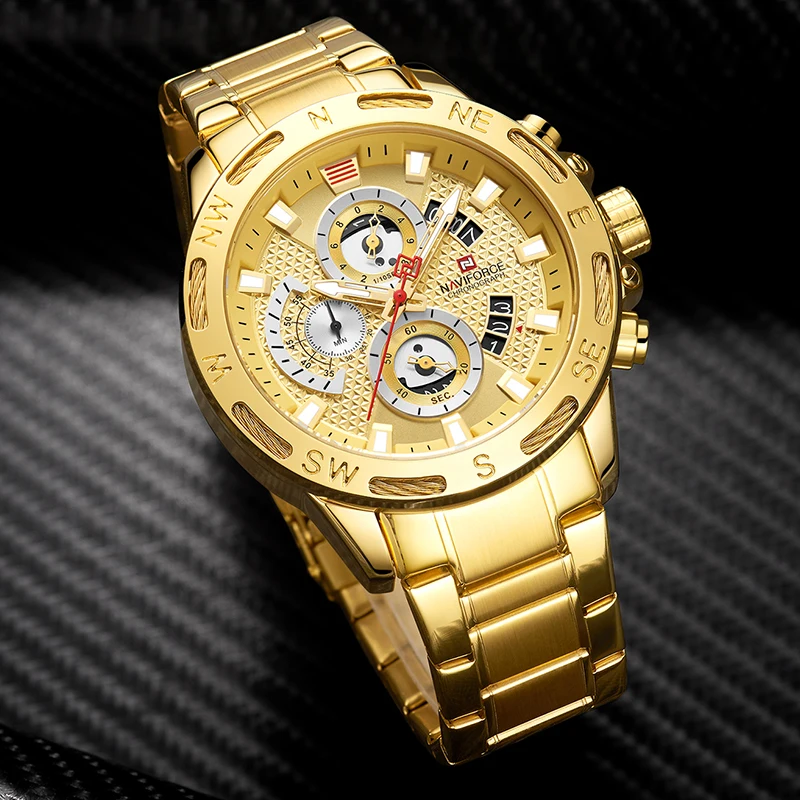 Оригинальные мужские спортивные часы NAVIFORCE от роскошного бренда, золотые, полностью стальные, водонепроницаемые, военные кварцевые наручные часы, мужские часы