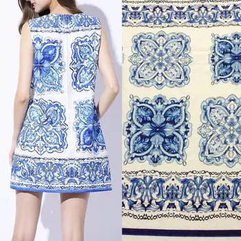 

polyester jacquard dress fabric,Blue and white porcelain print thick jacquard fabric, coat and dress polyester fabric
