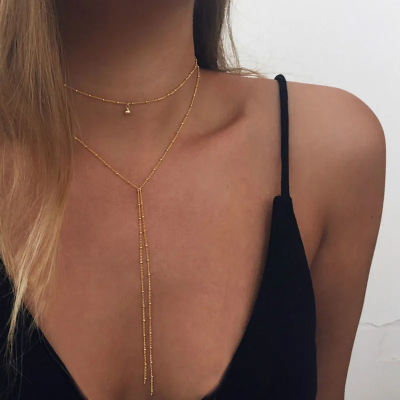 

2019 Simple Fashion Delicate Women Necklace Y Lariat Necklace Dainty Gold Beads Chain Choker Necklace