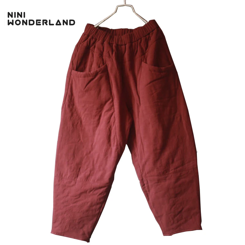 

NINI WONDERLAND Winter Solid Color Thicken Cotton Warm Casual Harem Pants Women Elastic Waist Loose Thickness Trousers Female
