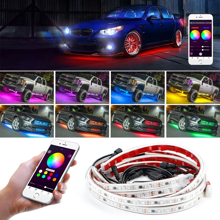 OKEEN с помощью приложения на телефоне Управление 60/150 см автомобиль RGB Светодиодные ленты светодиодный под автомобилем Glow днища Системы неоновый светильник Водонепроницаемый Авто Стайлинг
