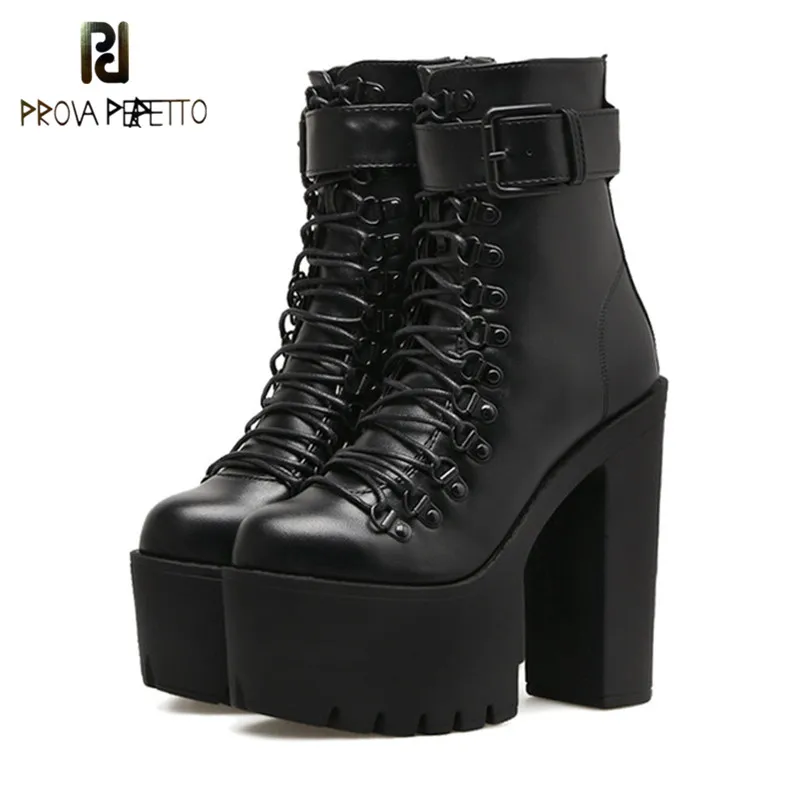 

Prova perfetto Fashion Motorcycle Boots Women Leather Spring Autumn Metal Buckle High Heels Shoes Black Ankle Boots Woman Lacing