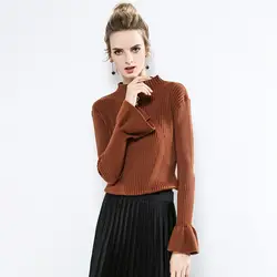 Yovamoo трикотаж для женщин 2018 Осень Зима Винтаж Flare рукавом сплошной цвет тонкий основной пуловер вязаный свитер Sueter mujer