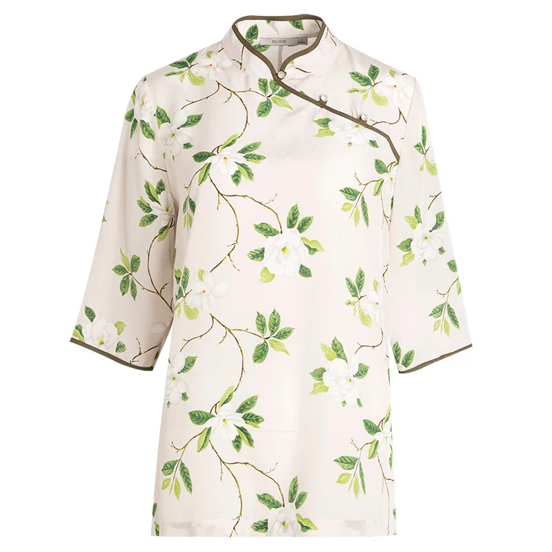 Женская шелковая блуза натуральная шелковая креповая Цветочная печать китайский стиль винтажная блузка рубашка Весна новая 3/4 женская рубашка с рукавами