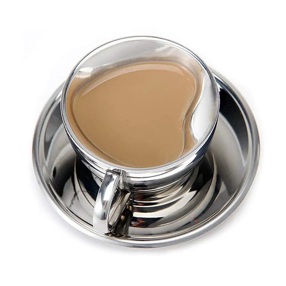Realand 5 унций нержавеющая сталь в форме сердца с двойными стенками эспрессо кофе кружка чай чашка с блюдцем молоко капучино чашка для латте набор подарок