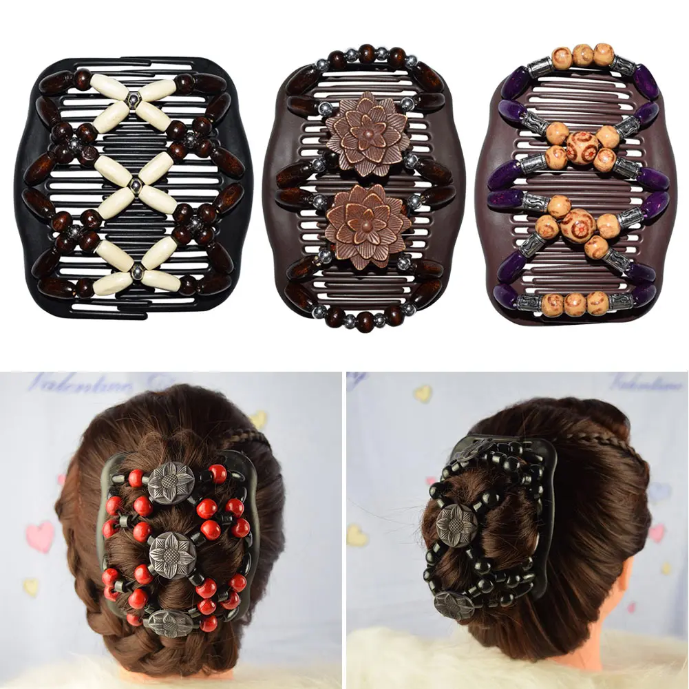 

Magic Wooden Beads Hair Comb Elasticity Stretchy Hair Clip Women Hairstyle Accessories JIU55