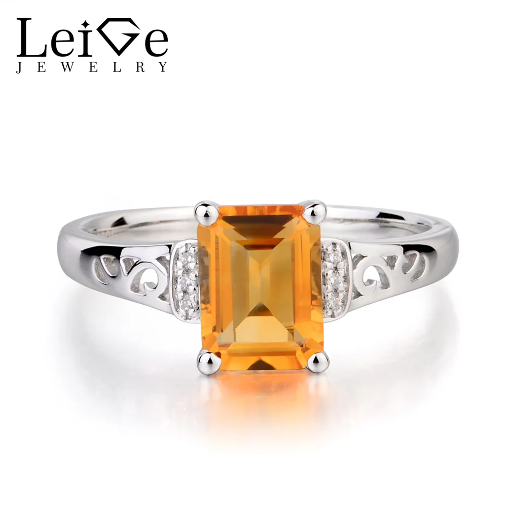 Leige Jewelry Genuine Natural Citrine Promise Rings Emerald Cut Yellow