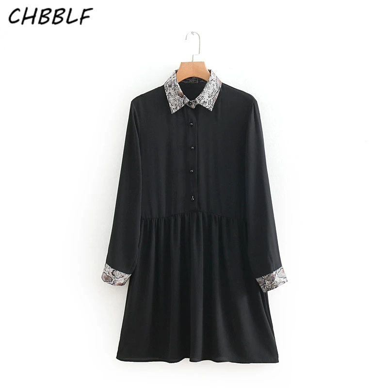 

CHBBLF snake print patchwork black dresses pleated long sleeve chic cute dress vestido mujer XSN9370