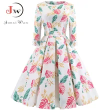 2018 Outono Nova Vestido Estampado Floral Do Vintage 3/4 Manga Elegante Midi Vestidos Túnica robe femme Casuais Trabalho de Escritório Vestidos de Festa