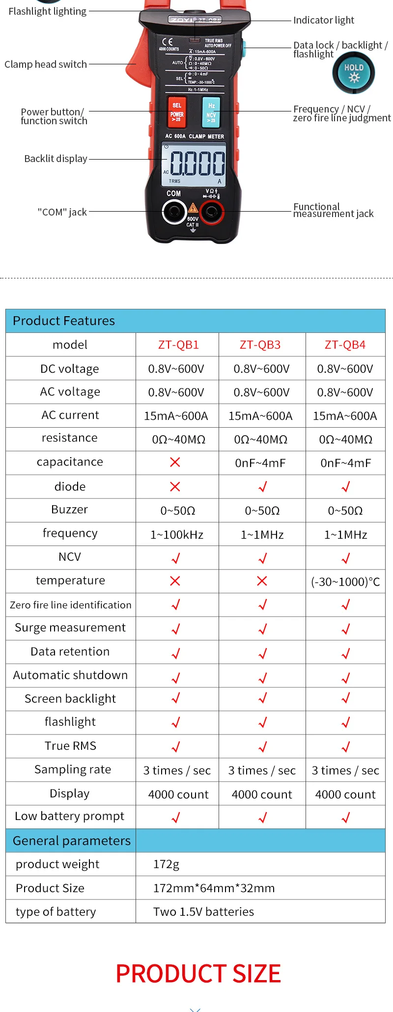 ZOYI ZT-QB1/QB3/QB4 True RMS мини Цифровые токовые клещи AC/DC напряжение Авто Диапазон NCV емкость Бесконтактный мультиметр