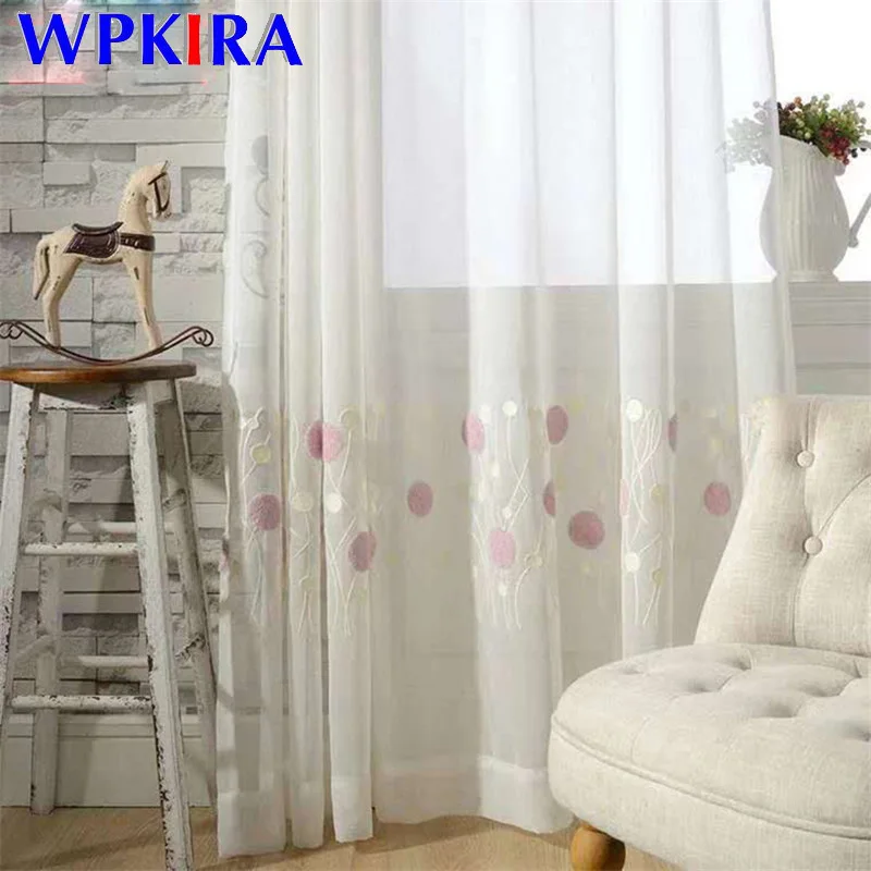 Modern 3D Round Embroidered Pink Curtain For Kid Girls Bedroom Soft Fabric White Sheer Voile Curtain Living Room Tulle FQ021D3