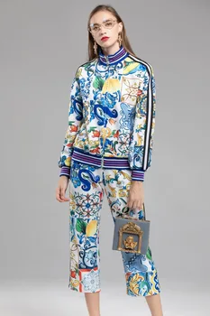

Women Fall winter retro print bomber jackets elastic waist pants sets 2019 Spring runway pantsuits D696