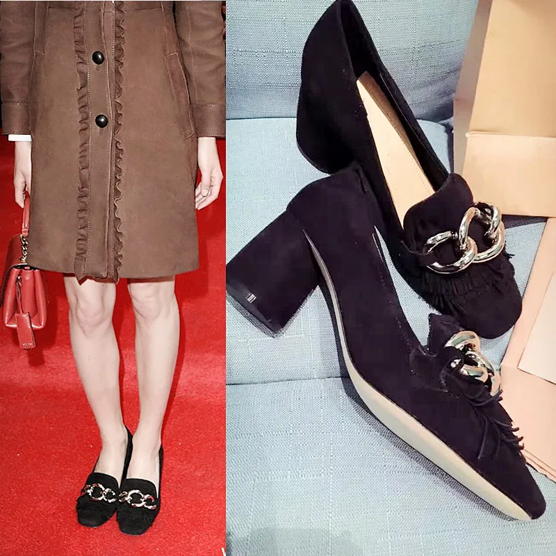 Women's Genuine Sude Leather Chain Low Heel Comfortable Pumps Brand Designer Square Toe Fringe OL Style Heeled Shoes for Women Women's Genuine Sude Leather Chain Low Heel Comfortable Pumps Brand Designer Square Toe Fringe OL Style Heeled Shoes for Women