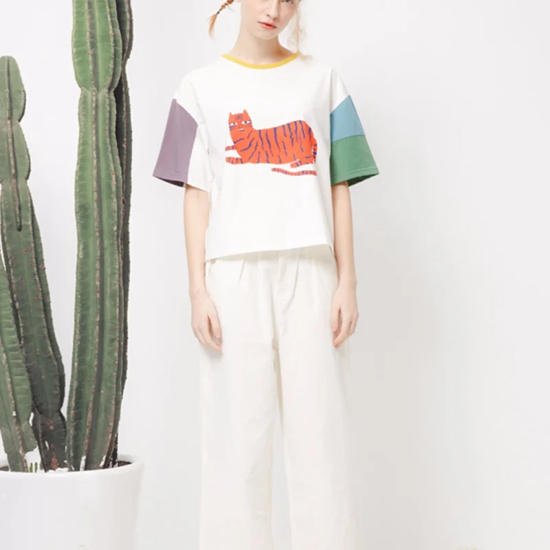 

Lychee Girls Cartoon Tiger Island Print Patchwork T Shirt Hit Color O Neck Short Sleeve Female Crop Top Spring Summer Sweet Tees