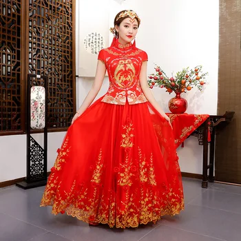 

Chinese Style Marriage Dress Elegant Ladies Short Sleeve Cheongsam Suit Red Embroidery Phoenix Qipao Oriental Wedding Gowns