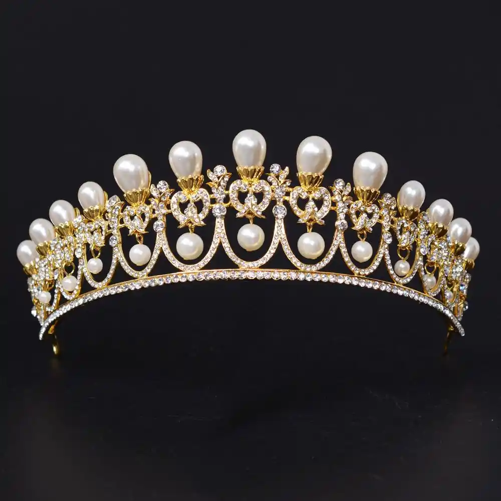 Gold Simulated Dangle Pearl Tiara Elegant Wedding Tiara For Bride