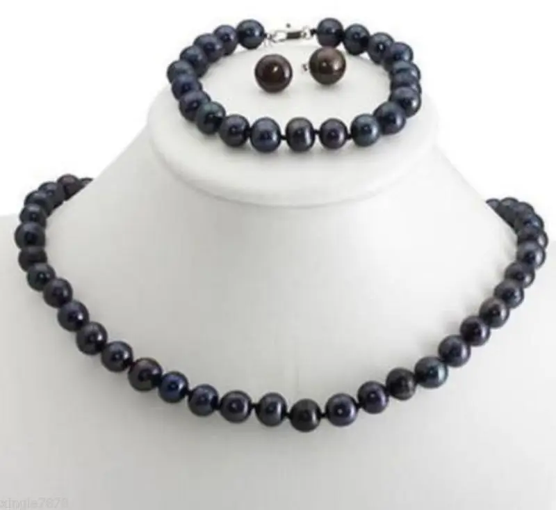 

Free Shipping>>new hot 8-9mm Black Cultured Akoya Pearl Necklace 20inch Bangle Earring