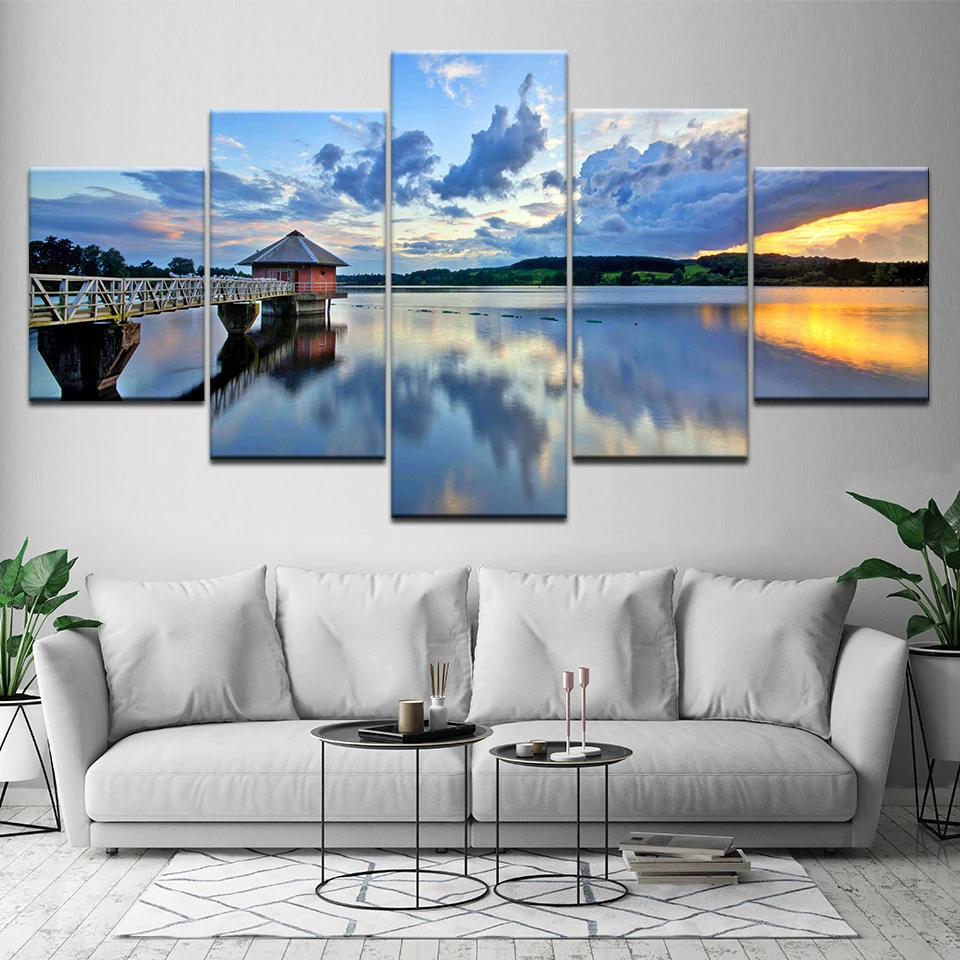 

Canvas Wall Art Pictures Framework 5 Pieces Pavilion By The Seaside Paintings HD Prints Lake Natural Poster Modular Home Decor