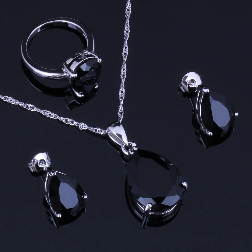 Juego De Joyas De Plata De Ley 925 Con Zirconias - Collar Y Pendientes De Gota Brillante - Regalo Elegante Para Mujer