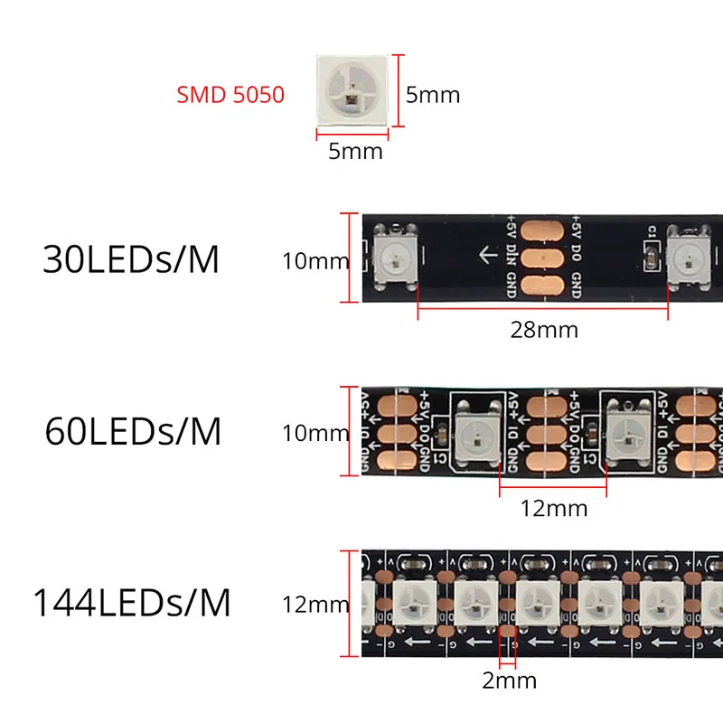 DC5V WS2812B 30/60/144 светодиодов/m Smartled пикселей RGB индивидуально адресуемых светодиодные полосы светильник черный/белый печатных плат IC WS2812 полосы