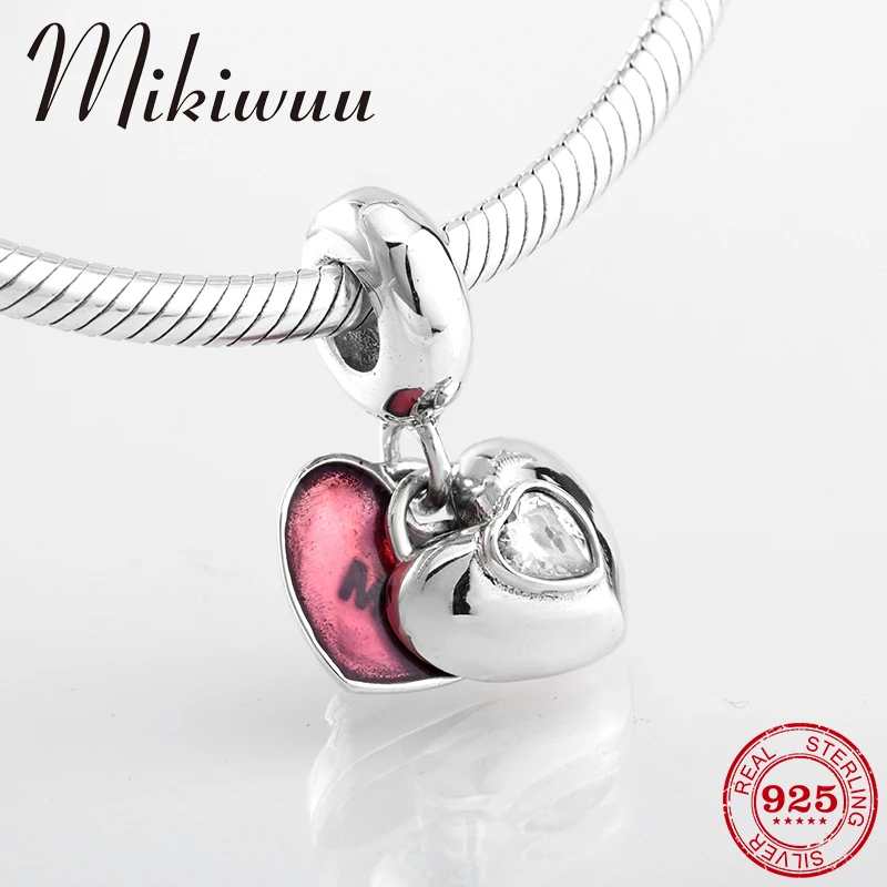

New 925 Sterling Silver Two halves Heart CZ Pink Enamel Charm for Jewelry making Fit Original Pandora Charm Bracelet Necklace