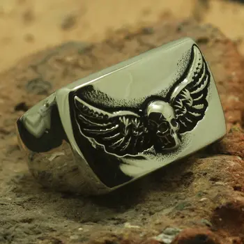 

Men Boy 316L Stainless Steel Cool Punk Gothic Polishing Wing Skull Ring Newest Design