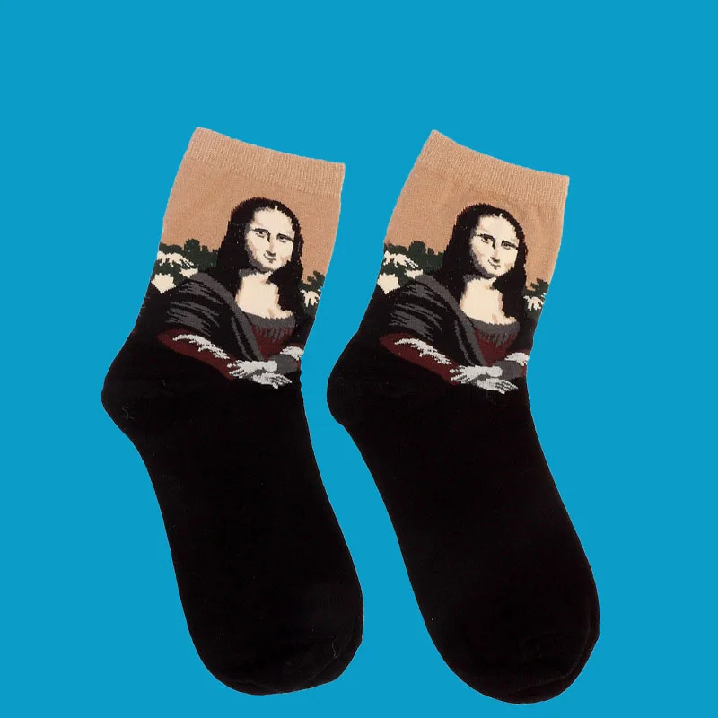 Новинка, ретро носки для влюбленных, для женщин и мужчин, рисунок Мона Лиза, художественные, забавные, модные, звездная ночь, комфортные Дышащие носки