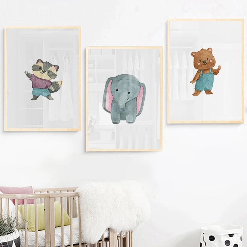 Watercolor Raccoon Elephant Bear Animal Posters Canvas Art Painting Wall Art Nursery Decorative Picture Nordic Style Kids Decor