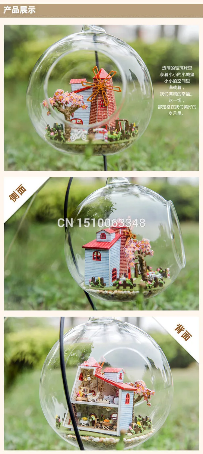 G014 DIY Кукольный дом со стеклянными круглыми шарами деревянный кукольный домик с Рождественские огни миниатюры подарки Голландская мельница