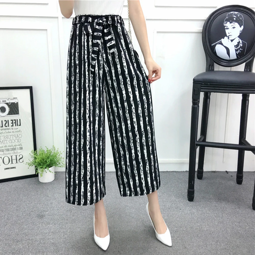 Ladies Elegant Bow Stripe Ninth Pants For Women High Waist Casual Style Trouser